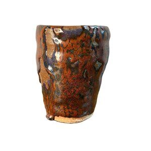 Drip Glaze Studio Art Pottery Hand Made Vase Brown Blue Heavy